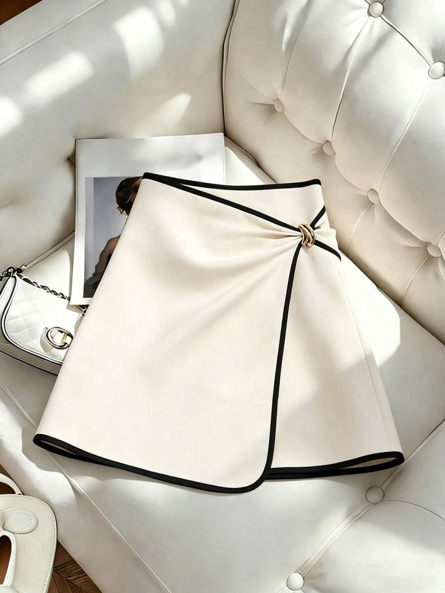 GlowEve Twist Metal Buckle Wrap Waist High Waisted Slimming A-Line Skirt, Commuting Elegant Design - Multicolor - View 1