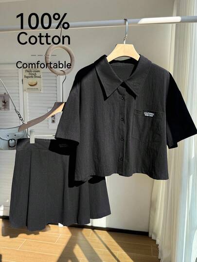Comfortcana Bộ đồ 2 món cỡ lớn: Áo sơ mi ngắn tay thêu chữ và quần short, phong cách thường ngày cho mùa xuân/hè.