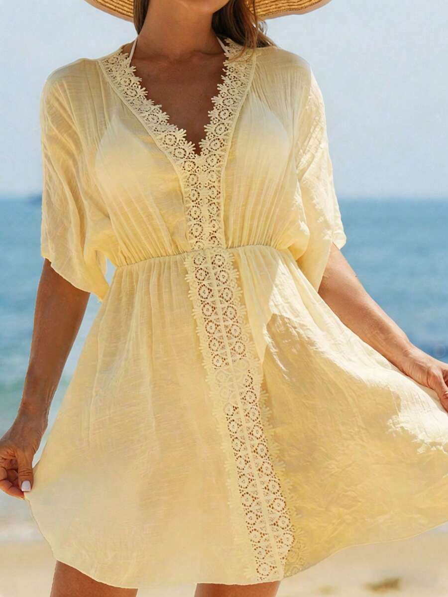 Swim Vcay Vestidos de playa para mujeres, vestido holgado de playa con cuello en V y parches de encaje para mujeres - Amarillo claro - Ver 1