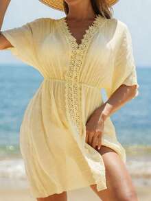 Swim Vcay Vestidos de playa para mujeres, vestido holgado de playa con cuello en V y parches de encaje para mujeres - Amarillo claro - Ver 3