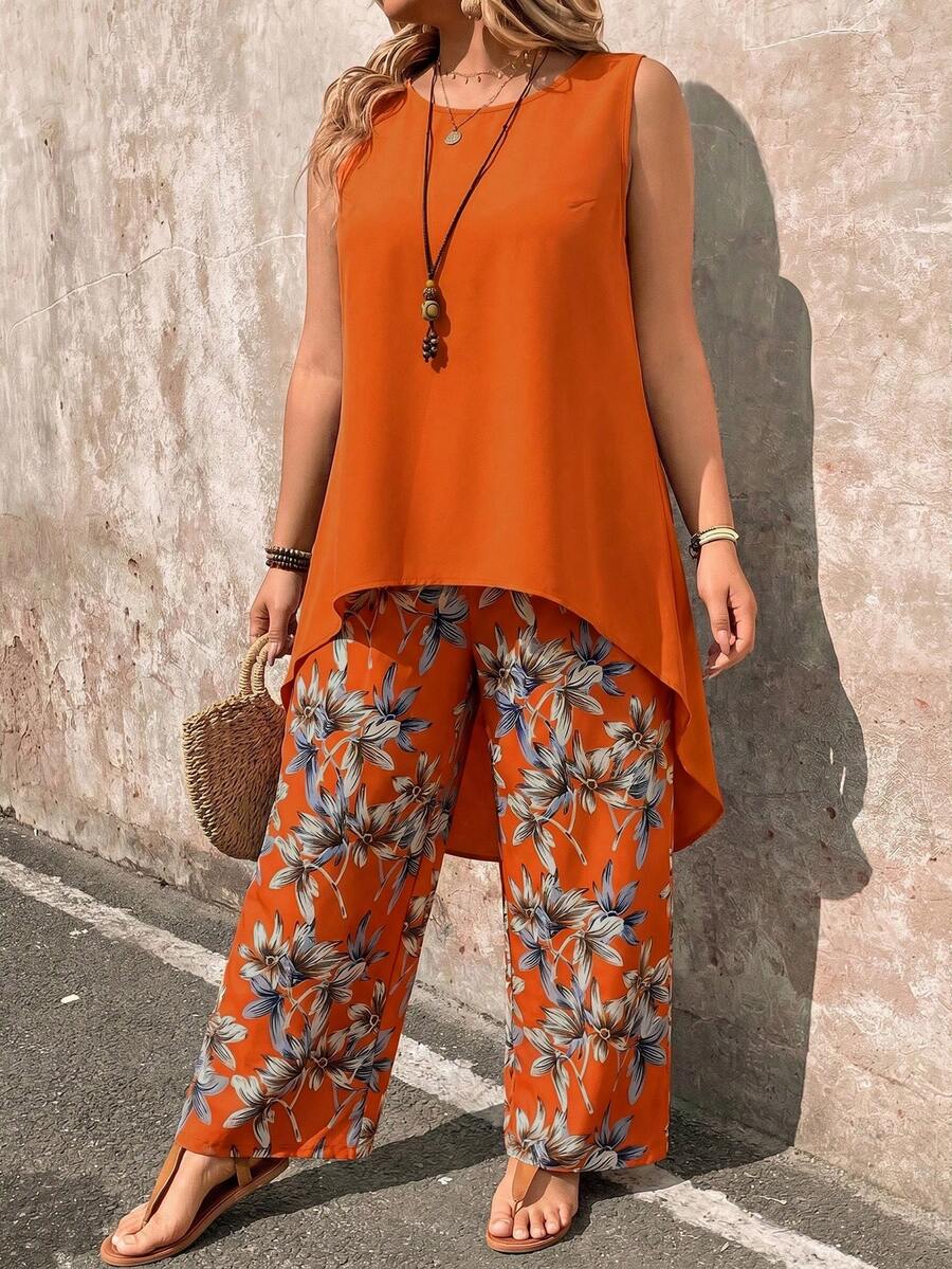 EMERY ROSE Bộ đồ mùa hè dành cho nữ cỡ lớn, gồm áo không tay vạt lệch và quần ống rộng in hoa, thích hợp cho kỳ nghỉ biển. - trái cam - Xem 1