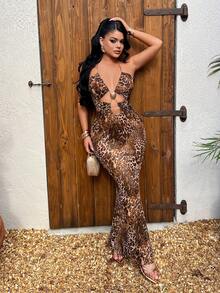 SHEIN SXY Đầm nữ họa tiết da báo, kiểu đan chéo, khoét lỗ gợi cảm, đầm hè cho nữ, đầm liền thân họa tiết da báo, trang phục đi biển cho nữ, trang phục dự tiệc biển cho nữ, chất liệu lưới, đầm che bikini, trang phục sinh nhật hai mảnh cho nữ, kỳ nghỉ, mùa hè - Nhiều màu - Xem 5