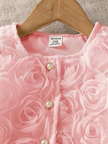 SHEIN 2pcs Baby Girl Elegant Dusty Pink Summer Clothing Set Chic 3D Rose Floral Mesh Tulle Flutter Sleeve Tops & Skirts Formal Concert Birthday Party Dress - Pink - View 4