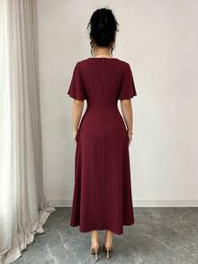 Modelyn 荷叶边袖侧褶优雅酒红色连衣裙 - 紅色 - 查看 7