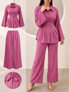 Graceveil Bộ 2 món: Áo sơ mi cổ bẻ tay loe buộc dây phía trước và quần ống rộng, màu đỏ. - Đỏ - Xem 1