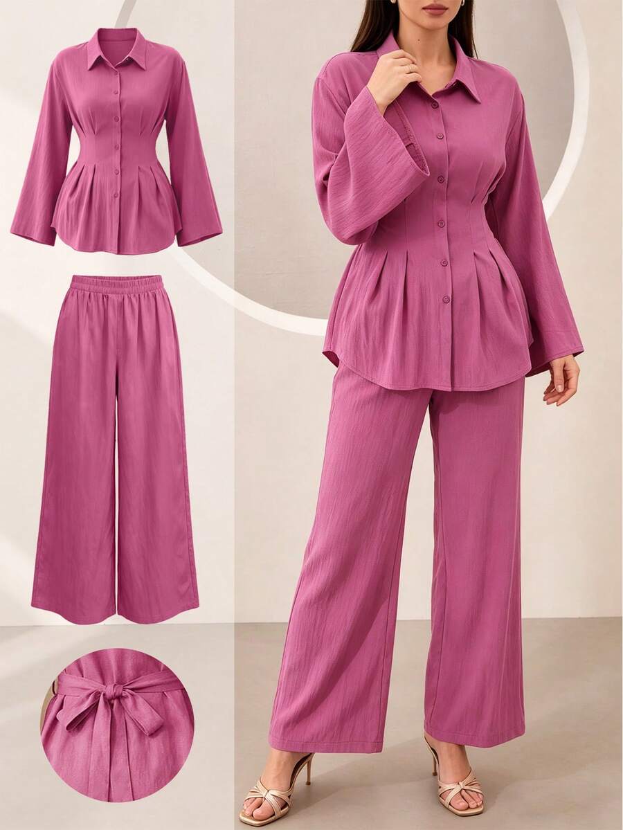 Graceveil Bộ 2 món: Áo sơ mi cổ bẻ tay loe buộc dây phía trước và quần ống rộng, màu đỏ. - Đỏ - Xem 1