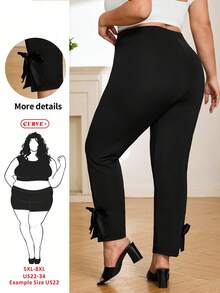 SHEIN CURVE+ Plus Size Women's Autumn Pants, Bowknot Hem, High Stretch Fabric, Wedding Wedding Guest Season Black Elegant - Black - View 1