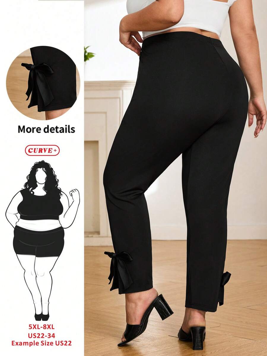 SHEIN CURVE+ Plus Size Women's Autumn Pants, Bowknot Hem, High Stretch Fabric, Wedding Wedding Guest Season Black Elegant - Black - View 1
