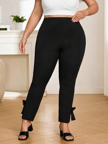 SHEIN CURVE+ Plus Size Women's Autumn Pants, Bowknot Hem, High Stretch Fabric, Wedding Wedding Guest Season Black Elegant - Black - View 5