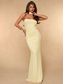 SHEIN BAE Đầm dạ hội mùa hè màu vàng trơn không dây vai, hở lưng, dáng đuôi cá dành cho nữ, đầm vàng, đầm đi nghỉ mát, đầm dự đám cưới, đầm đi học, đầm đi biển. - Màu vàng - Xem 5