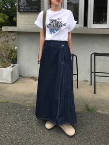 FRIFUL 女士纯色裹身休闲牛仔迷你裙，春夏款 - 藍色 - 查看 6