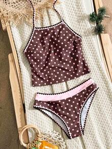 Swim SPRTY Swim Lushore 2件組夏季海灘女款隨機花卉波點分體式比基尼上衣，收腹顯瘦，搭配比基尼短褲，貝殼花朵裝飾細肩帶比基尼泳衣套裝 - 彩色 - 查看 3