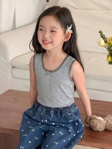 SHEIN Genkimix Kids 3件套女童波点图案蝴蝶结装饰蕾丝领休闲舒适针织吊带背心，夏季 - 彩色 - 查看 6