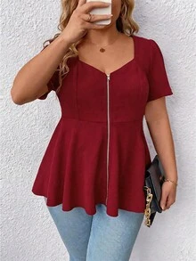 Elenzga Scoop Neck Short Sleeve Zip-Up Ruffle Hem Casual Elegant Plus Size Women Blouse - Burgundy - View 3