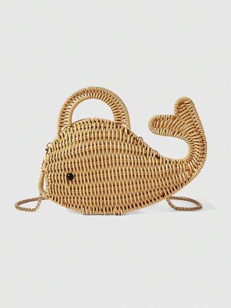 Kawaii Damen Mode Persönlichkeit Sommer Spaß Wal Form Reine Sommer Urlaub Strand Handgewebte Cut Out Schräge Schultertasche