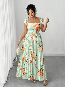 Elenzga Plus Size Women's Vintage French Style Versatile Vacation Date Ruched Waist Slimming Floral Print Ruffle Sleeve Square Neck Maxi Dress - Mint Green - View 4