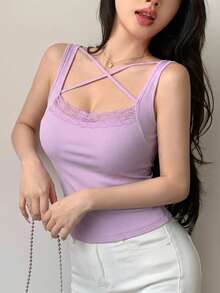 DAZY 女士纯色撞色蕾丝交叉设计休闲背心夏季 - 淡紫色 - 查看 3