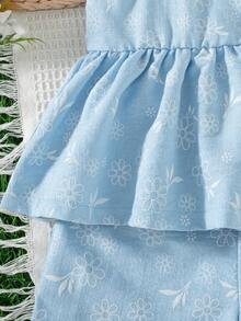 SHEIN Vintaside Kids 2件套女婴幼儿/新生儿0-3岁休闲日常可爱度假条纹蝴蝶结装饰吊带背心+短裤套装，春夏款 - 藍色 - 查看 4