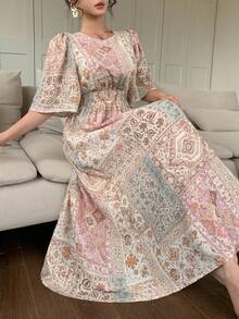 DAZY Vestido elegante de vacaciones con cuello redondo, mangas de pétalo y estampado floral para mujer - Albaricoque - Ver 3