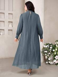 Veilorie Vestido elegante de manga larga con decoración de perlas falsas de unicolor talla grande - Azul - View 2