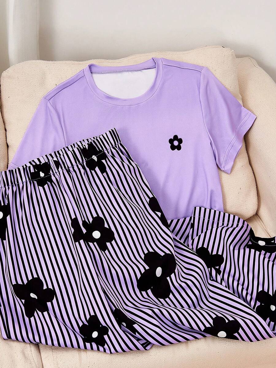 SHEIN 2pcs/Set Girls' Purple T-Shirt Top & Striped Floral Print Straight Pants,Summer Cute Family Matching Minimalist Loose Fit Comfortable Daily Wear - Purple - View 1