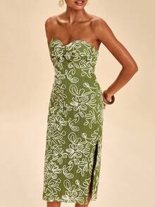 Travachic Fitted Embroidered Waist Midi Bodycon Dress For Women - Olive Green - View 7