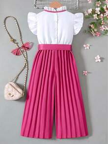 SHEIN Elladie kids Bộ đồ thời trang cho bé gái gồm áo tay bồng và quần ống rộng, thích hợp cho mùa hè. - Màu Hồng Tươi - Xem 2