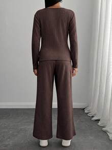 EURMUSE Petite Size Soft Ribbed Jersey Wraparound Long Sleeve Top + Soft Ribbed Pants, Casual Set - Brown - View 2