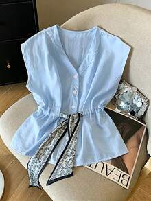Franclia Linen Sleeveless Shirt For Women,Light Blue,Summer,Elegant,Office,V-Neck,Gold Button,Waist Cinched,Cashew Flower Scarf Decor,,Short Linen Top - Baby Blue - View 3