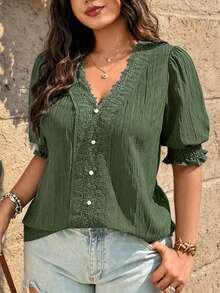 Breezaya Casual Fashionable Elegant Versatile V-Neck Lace Patchwork Button Down Half Sleeve Plus Size Women Blouse - Army Green - View 4