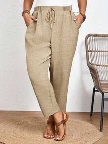 SHEIN Frenchy Pantalones casuales de unicolor de talla grande con cintura elástica y bolsillos en diagonal - Camel - Ver 4