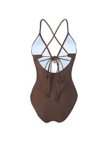Swim Oasis 女款 Oasis 一件式泳衣套裝，深棕色 V 領設計，手工繩編腰線，夏季晚間一件式泳衣搭配交叉開衩長裙 - 棕色 - 查看 7
