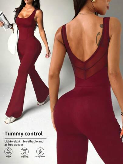 SHEIN Dewbera Women's Black Tight-Fitting U-Neck Spliced Mesh Backless Jumpsuit, Slimming And Elongating, Suitable For Daily Casual Wear, Running, Yoga, Gym, Tennis, Golf And Other Sports