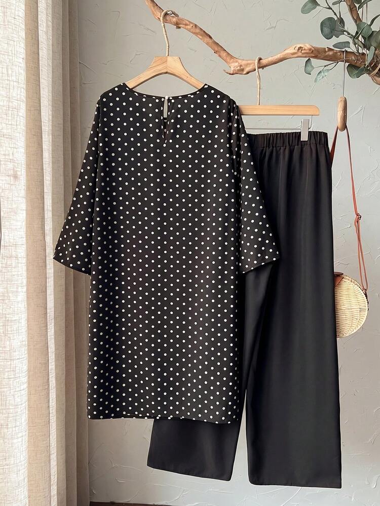 2pc Set Plus Size Women's Summer Casual Vacation Resort Countryside Round Neck 3/4 Sleeve Side Slit Polka Dot Black Long Top Shirt And Pants 2 Piece Set With Pockets, Summer Holiday,Spring Break Outfits ,Vacation Outfits Women ,Holiday Outfits For Women,Going Out Outfits, New Clothes,Simple And Fashionable For Everyday Wear,Boho Set,Boho Pants Set For Women,Two Piece Set, Wide Leg Pants Set, Modest Two Piece Set, 2 Piece Casual Sets Woman, Short Sleeve Two Piece Set