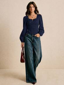 Poéselle Women's Elegant Solid Color Contrast Lace Twist Collar Lantern Sleeve Blouse - Navy Blue - View 5