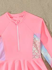 SHEIN 粉色夏季可愛海灘度假青少年女孩兩件式坦基尼泳衣套裝，美人魚鱗片印花長袖上衣與長褲，優雅泳裝 - 粉色 - 查看 3