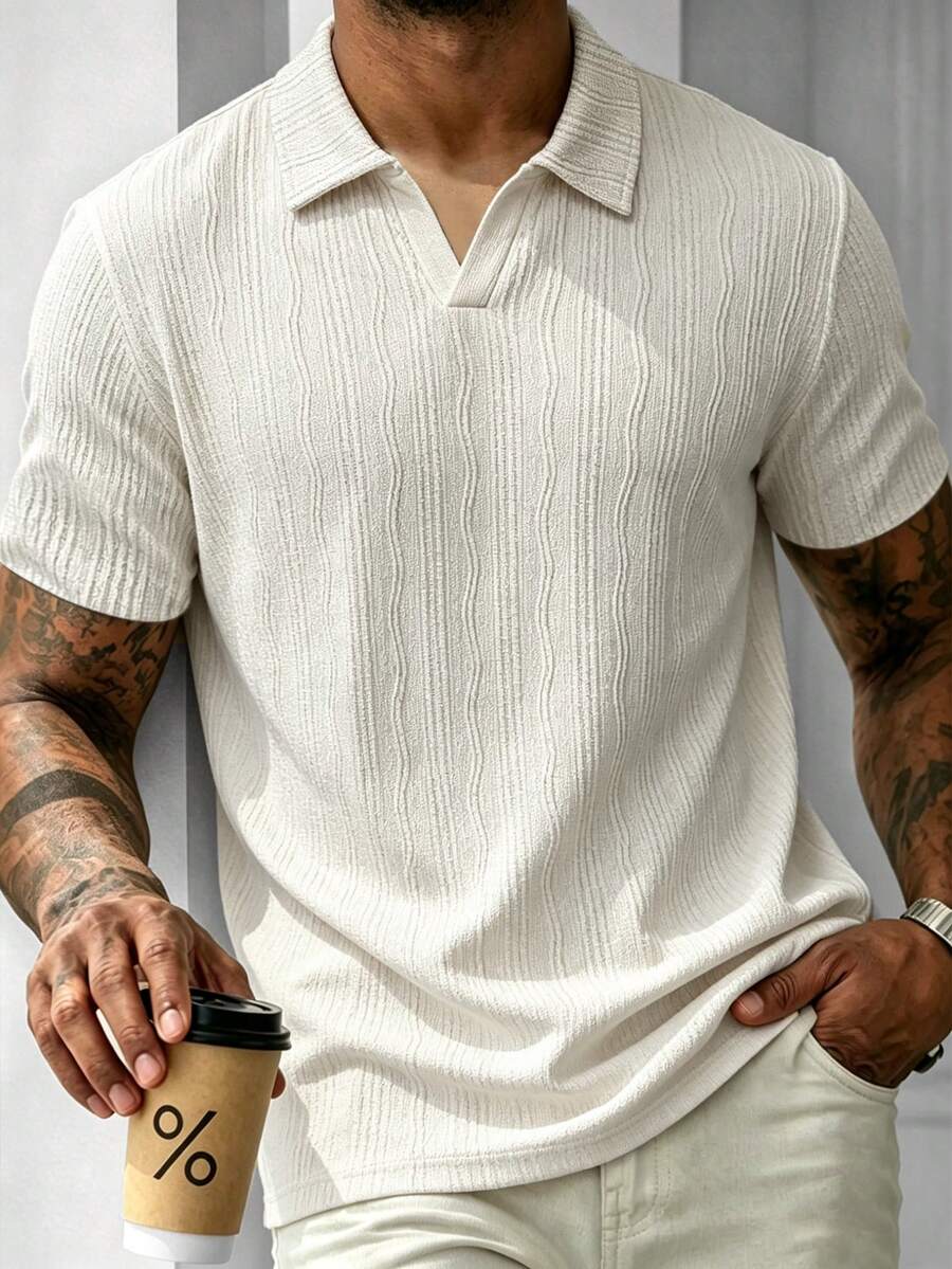 Manfinity Homme 男士休閒米白色紋理針織短袖 Polo 衫，夏季時尚老錢風，復古街頭風，適合度假、日常休閒、高爾夫與正式場合