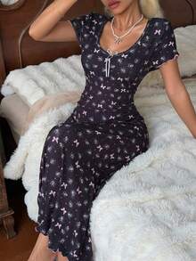 CottageSlumber Floral Bow Decor Fitted Dress For Women - Black - View 7