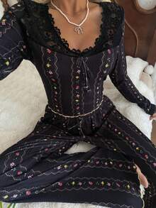 SHEIN Conjunto de pijama de mujer con encaje de estampado floral diminuto - Negro - Ver 6