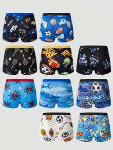 SHEIN GraphicGems [7 Bộ Ngẫu nhiên] Quần boxer nam tuổi teen in hình graffiti phong cách với họa tiết động vật hoạt hình và thể thao nhiều màu sắc. Loại quần lót dệt kim nhẹ, thoải mái này lý tưởng cho trang phục thường ngày, mang lại cảm giác mềm mại, thân thiện với da cùng các thiết kế đồ họa hiện đại, thời trang với các tông màu xanh dương, đen và trắng. - Nhiều màu - Xem 2