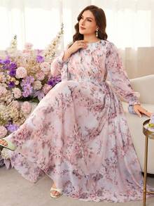 Modelyn Plus Size Women Floral Print Ruched Waist Elegant Party Dress - Baby Pink - View 5