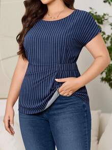 Reflora Kemeja Kasual Ukuran Besar Warna Biru Tua dan Putih dengan Pinggang Tinggi untuk Kantor dan Musim Panas - Putih - View 4