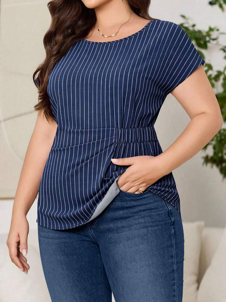 Reflora Camisa casual de talla grande a rayas en la cintura - Blanco - Añade 4