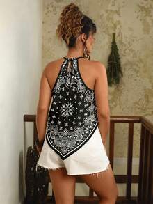Travachic Plus Size Paisley Print Asymmetric Hem Halter Neck Camisole For Summer Holiday Holiday Vacation Black And White Boho - Multicolor - View 2