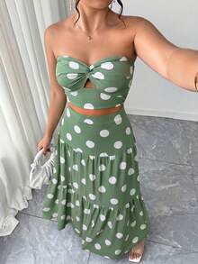 Elenzga Conjunto de 2 piezas talla grande: Top bandeau azul elegante con nudo y falda maxi plisada, estilo de vacaciones para el verano - verde menta - Ver 5