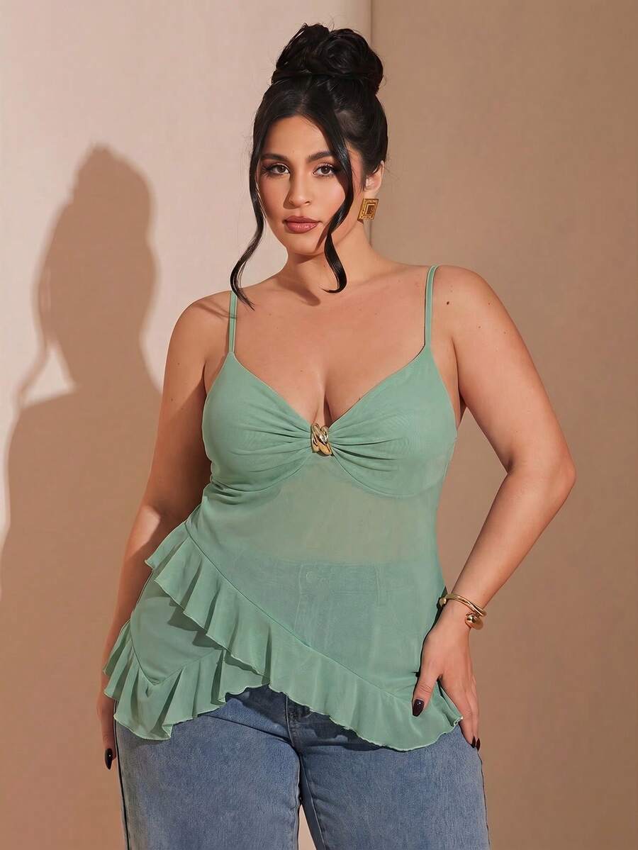 SHEIN BAE Áo camisole ren xếp nếp phối nhiều mảnh dành cho nữ cỡ lớn - Màu xanh Bạc hà - Xem 1