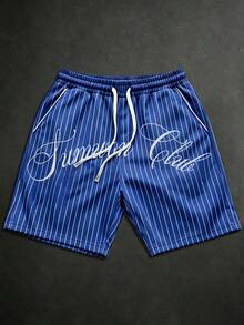 SUMWON Pantalones cortos de verano casuales con cordón y diseño de estampado de texto grande a rayas - azul real - Ver 1