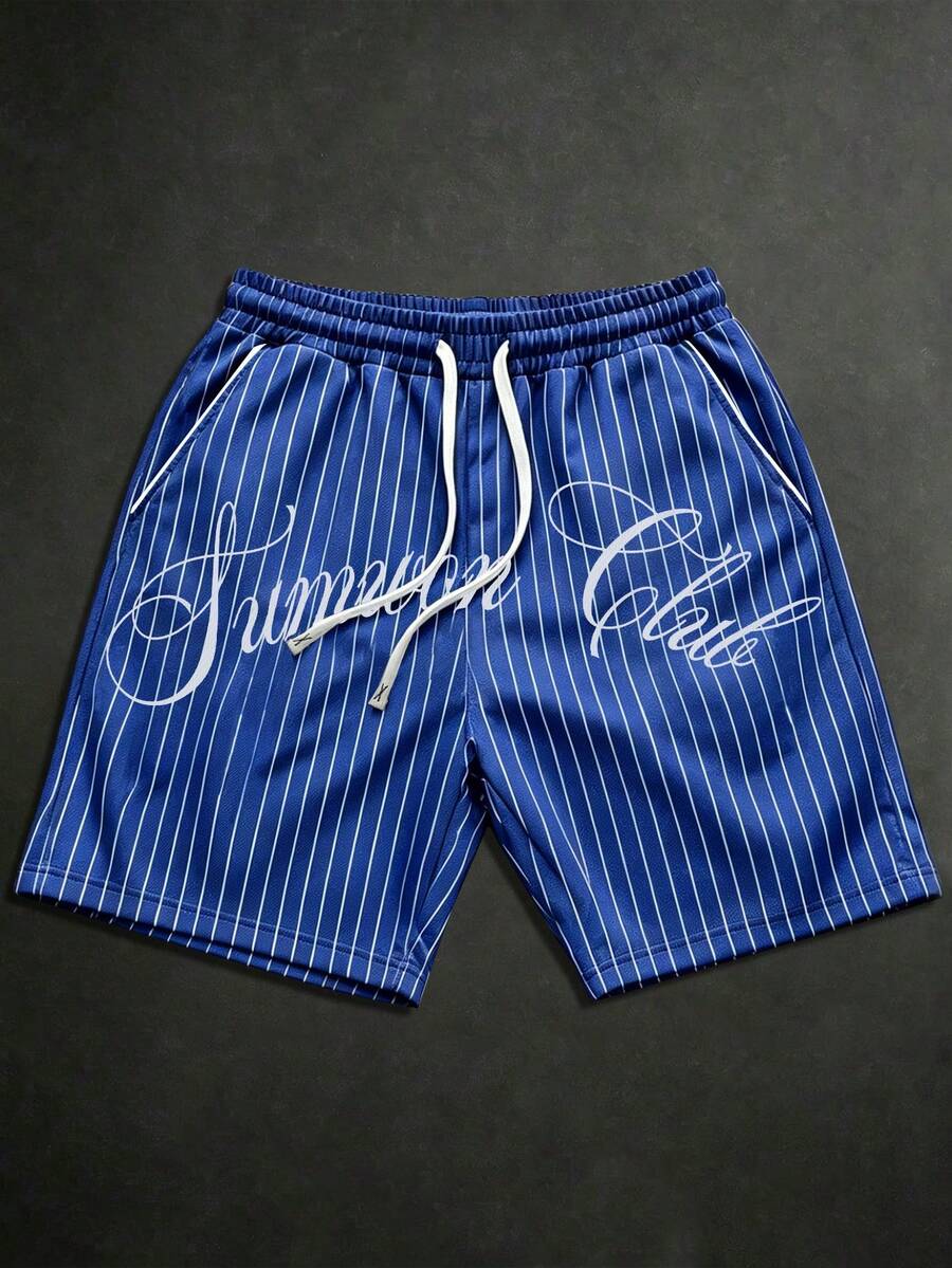 SUMWON Pantalones cortos de verano casuales con cordón y diseño de estampado de texto grande a rayas - azul real - Ver 1