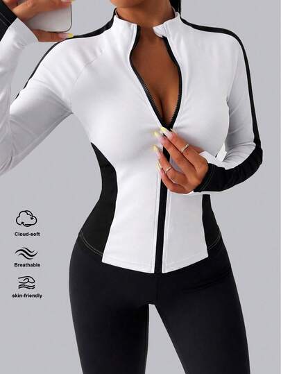 Exploreva Y2K Color Block Sports Jacket Stand Collar Zip Up Cropped High Stretch Quick Dry Thumb Hole Cuff Gym Yoga Commute Jacket Workout Clothes For Women