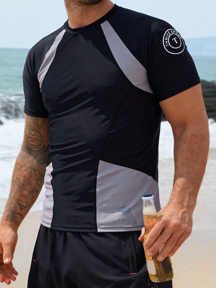 Letter Print Patchwork Contrast Color Men's Rash Guard Swimwear